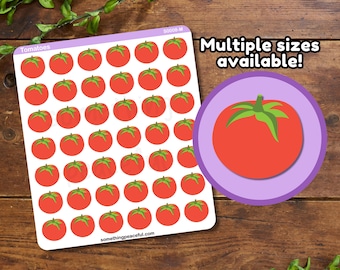 May include: A sheet of 49 red tomato stickers with green stems and leaves. The stickers are arranged in a grid pattern on a white background. The text "Tomatoes" is at the top of the sheet. The text "Multiple sizes available!" is in a purple circle with a white outline. The text "somethingpeaceful.com" is at the bottom of the sheet.