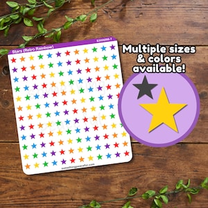 May include: A sheet of rainbow star stickers with the text "Stars (Retro Rainbow)" and "$3006RR-T". The sheet is on a wooden surface. A separate image shows two stars, one black and one yellow, with the text "Multiple sizes & colors available!"