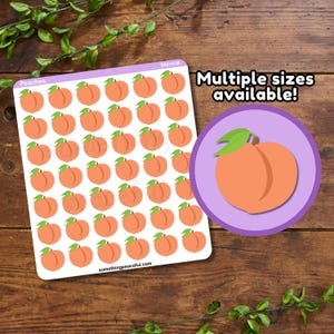 May include: A sheet of peach stickers with 49 peach stickers on a white background. The peach stickers are in a grid pattern. The sheet is labeled "Peaches" and "somethingpeaceful.com". There is a separate peach sticker in a circle with a purple background. The text "Multiple sizes available!" is on the circle.