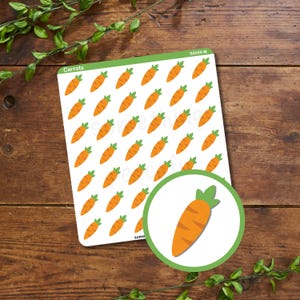 May include: A sheet of stickers featuring orange carrots with green tops. The word "Carrots" is printed at the top left. A circular graphic of a carrot is in the bottom right corner. The stickers are on a white background.