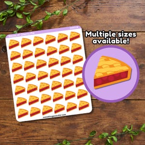 May include: A sheet of stickers featuring 49 cherry pie slices. Each sticker is a yellow pie crust with a red cherry filling. The sheet is white with the text "Slices of Cherry Pie" and "somethingpeaceful.com". The text "Multiple sizes available!" is in a purple circle with a single cherry pie slice.