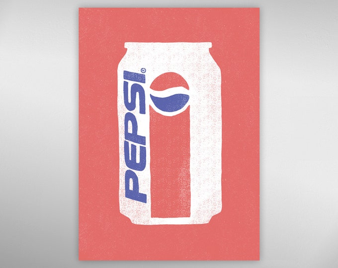 Vintage 1990s Pepsi Soda Can Illustration | Vintage Pop Art Hand Drawn Style Packaged Product Print