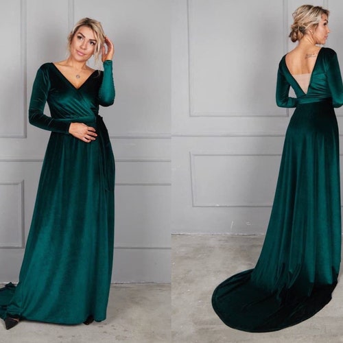 Dark Green Velvet Bridesmaid Dress Maxi Flutter Sleeve Dress | Etsy
