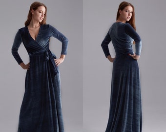 Gray Velvet Dress with Train, Long Sleeve Velvet Dress, Wrap Maxi Dress, Bridesmaid Wrap Gown, Velvet Bridesmaid Dress, Wrap Maxi Gown