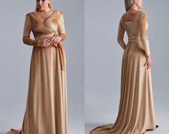 Gold Velvet Dress with Train, Wrap Maxi Dress with Sheer Mesh, Long Sleeve Velvet Dress, Bridesmaid Wrap Gown with Mesh Insertion