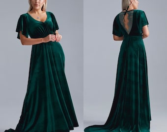 Emerald Green Velvet Dress with Train, Flutter Sleeve Velvet Dress, Velvet Maxi Dress, Velvet Lace Gown, Velvet Lace Bridesmaid Dress