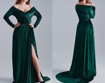 Emerald Green Velvet Dress with Train, off Shoulder Velvet Dress, Velvet Maxi Dress, Bridesmaid Gown with train, Velvet Bridesmaid Dress,