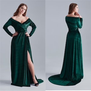 Emerald Green Velvet Dress with Train, off Shoulder Velvet Dress, Velvet Maxi Dress, Bridesmaid Gown with train, Velvet Bridesmaid Dress,