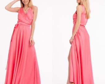 Pink Bridesmaid Wrap Dress, Sleeveless Long Dress, Silk Maxi Dress, Infinity Dress, Bridesmaid Wrap Dress, Bridesmaid Maxi Dress