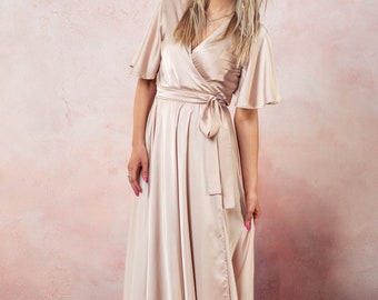 Champagne Flutter Sleeve Wrap Long Dress