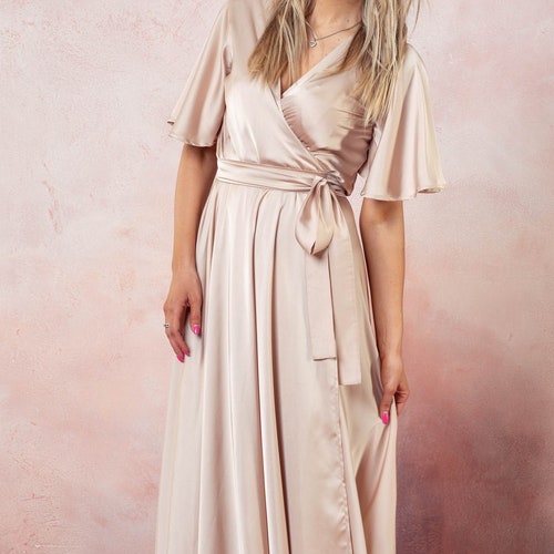 Champagne Wrap Dress, Flutter Sleeve Long Dress, Silk Maxi Dress, Wrap Bridesmaid Gown, Flutter Sleeve Bridesmaid Wrap Dress, Boho Gown