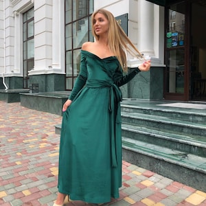 Emerald Green Dress off Shoulder Velvet Dress