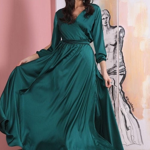 Emerald Green Wrap Dress, Cut Out Sleeve Dress, Silk Maxi Dress, Wrap Bridesmaid Gown, Cut Out Sleeve Bridesmaid Wrap Dress, Boho Gown