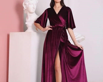 Marsala Velvet Wrap Dress, Flutter Sleeve Long Dress, Wrap Maxi Dress, Bridesmaid Wrap Gown, Velvet Bridesmaid Dress