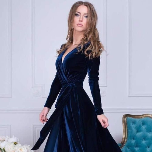 Navy Blue Velvet Dress Long Sleeve Velvet Dress Wrap Maxi - Etsy