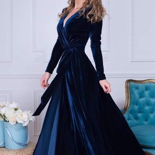 Navy Blue Velvet Long Wrap Dress Bridesmaid Velvet Dress Etsy