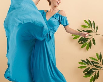 Turquoise Wrap Dress, Ruffle Sleeve Long Dress, Silk Maxi Dress, Wrap Bridesmaid Gown, Ruffle Sleeve Bridesmaid Wrap Dress, Boho Gown