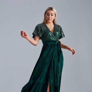 Emerald Green Velvet Wrap Dress Flutter Sleeve Sequin Dress - Etsy