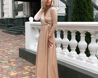 Beige Velvet Dress, Long Sleeve Velvet Dress, Wrap Maxi Dress, Bridesmaid Wrap Gown, Velvet Bridesmaid Dress
