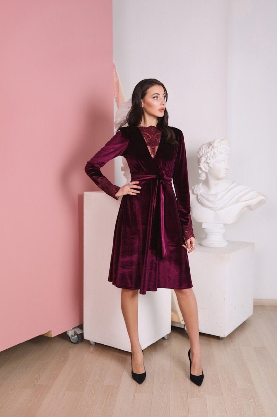 Marsala Velvet Dress With Lace Breast Long Sleeve Velvet Etsy