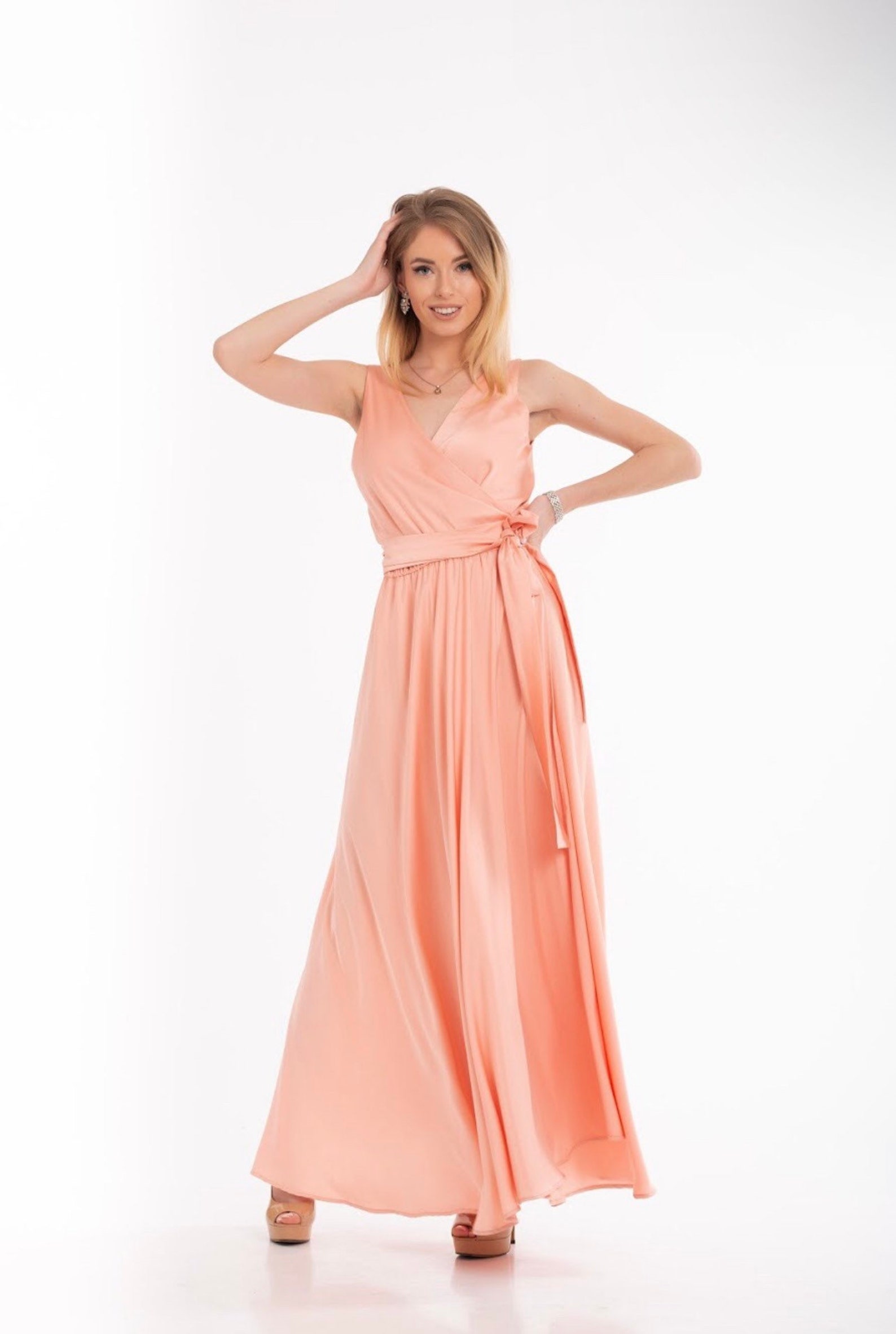 Peach Wrap Dress Sleeveless Long Dress Silk Maxi Dress Etsy