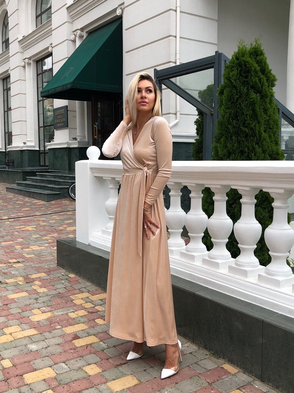 Beige Velvet Dress Long Sleeve Velvet 