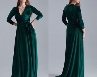 Emerald Green Velvet Dress with Train, Long Sleeve Velvet Dress, Wrap Maxi Dress, Bridesmaid Wrap Gown, Velvet Bridesmaid Dress with Train