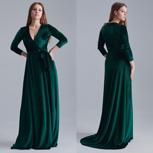 Emerald Green Velvet Dress With Lace Breast Long Sleeve - Etsy