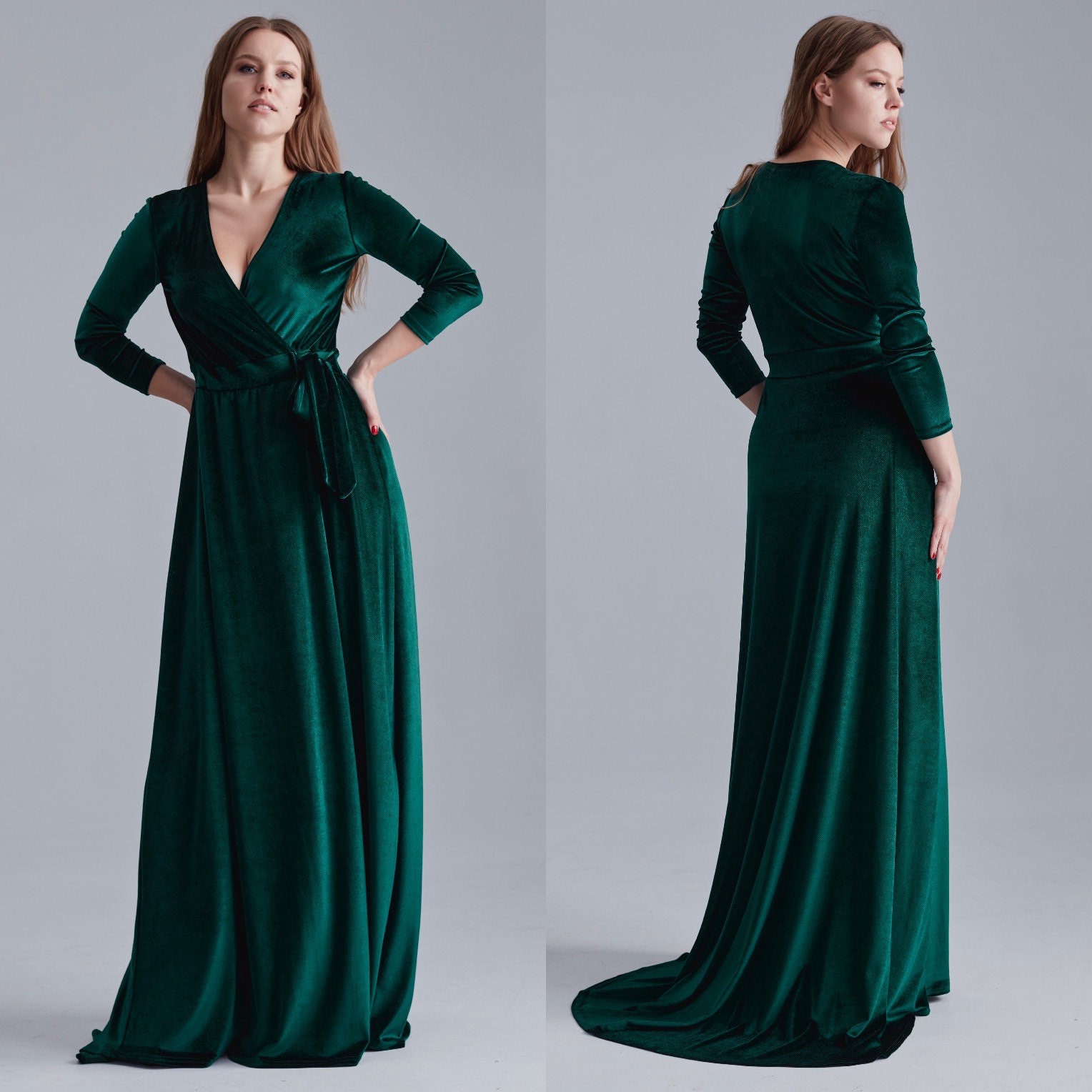 Emerald Green Velvet Dress With Train Long Sleeve Velvet - Etsy UK