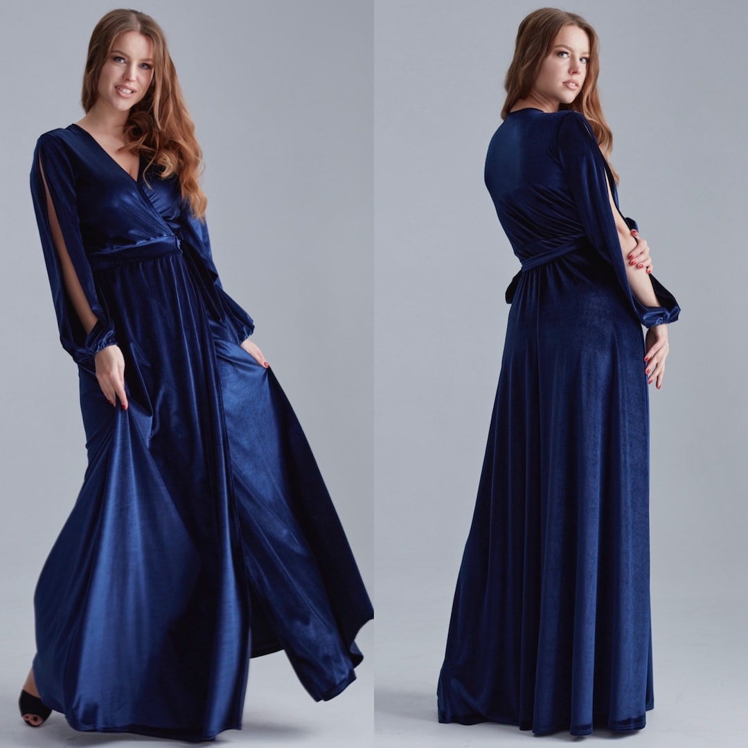 Navy Blue Velvet Dress, Sheer Long Sleeve Velvet Dress, Wrap Maxi Dress
