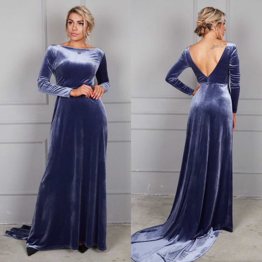 Steel Blue Velvet Dress With Train, Deep Back Velvet Dress, Long Sleeve