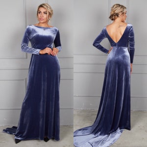 Steel Blue Velvet Dress with Train, Deep Back Velvet Dress, Long Sleeve Maxi Dress, Plunging Back Dress, Bridesmaid Deep Back Gown