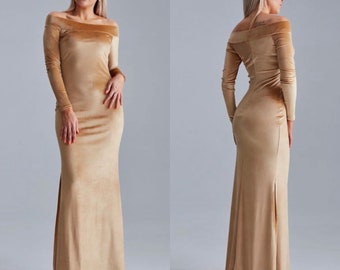 Gold Pencil Velvet Dress with Train, Long Sleeve Velvet Dress, Off Shoulder Maxi Dress, Bridesmaid Dress with Train, Velvet Bridesmaid Dress