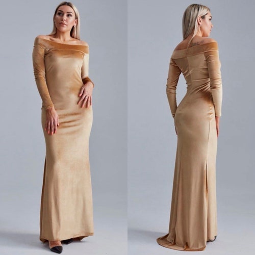 Gold Pencil Velvet Dress with Train, Long Sleeve Velvet Dress, Off Shoulder Maxi Dress, Bridesmaid Dress with Train, Velvet Bridesmaid Dress