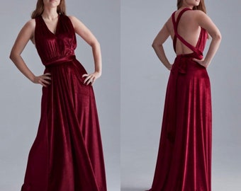 Burgundy Velvet Convertible Dress, Sleeveless Velvet Infinity Dress, Maxi Dress, Bridesmaid Infinity Gown, Velvet Bridesmaid Dress,