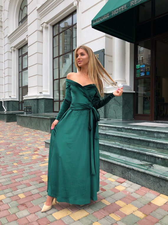 emerald green velvet off the shoulder dress