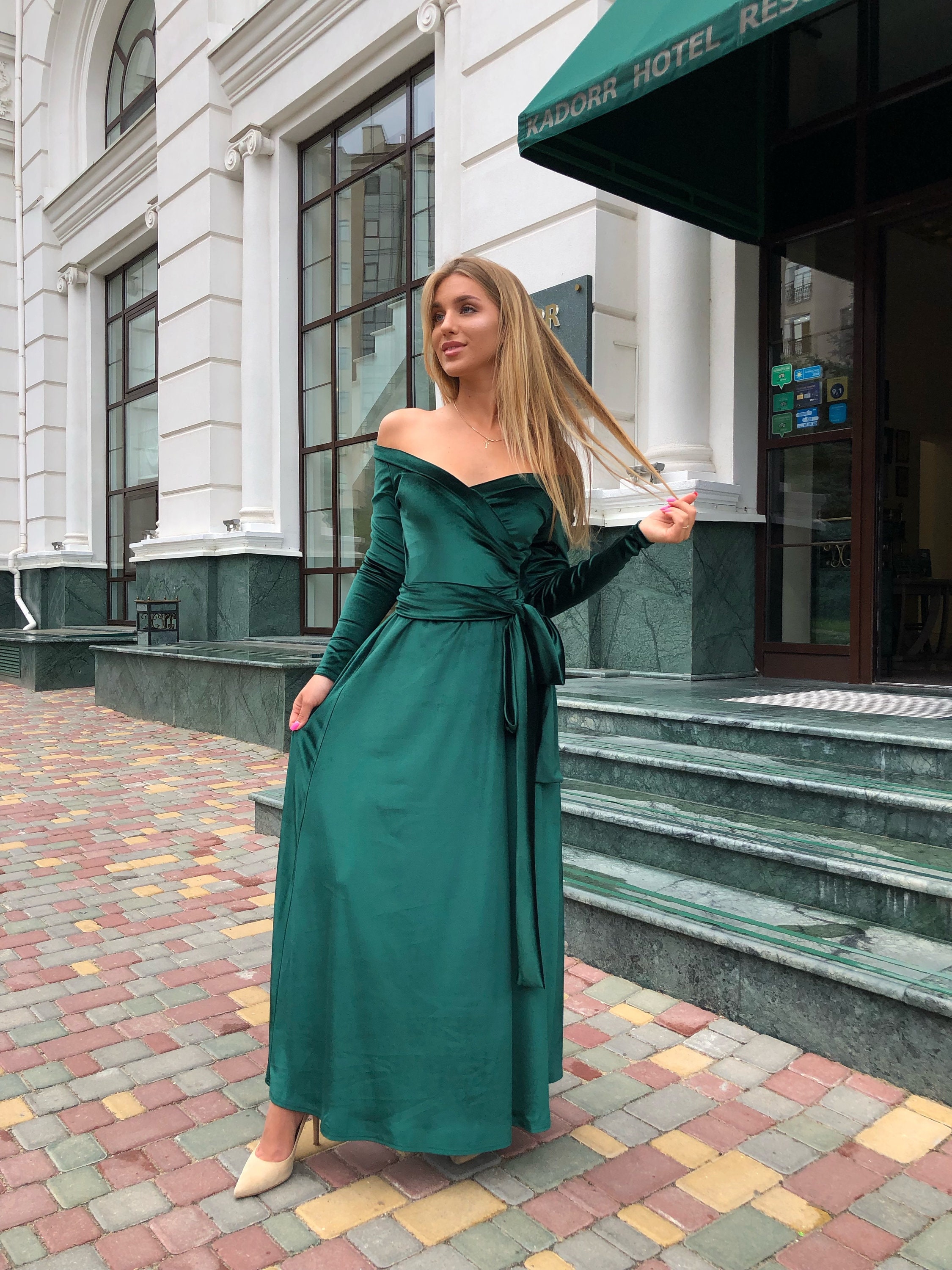 Emerald Green Velvet Dress off Shoulder ...