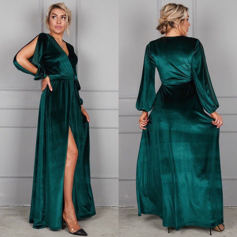 Emerald Green Velvet Dress Sheer Long Sleeve Velvet Dress - Etsy