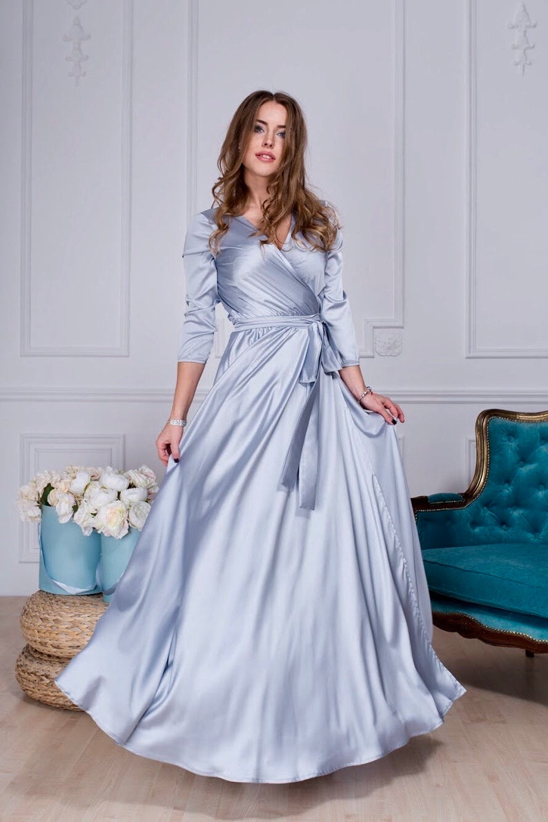 Aquamarine Wrap Dress 3/4 sleeve Long Dress Silk Maxi Dress Silver