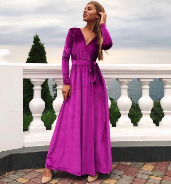 Fuchsia Velvet Dress Long Sleeve Velvet 