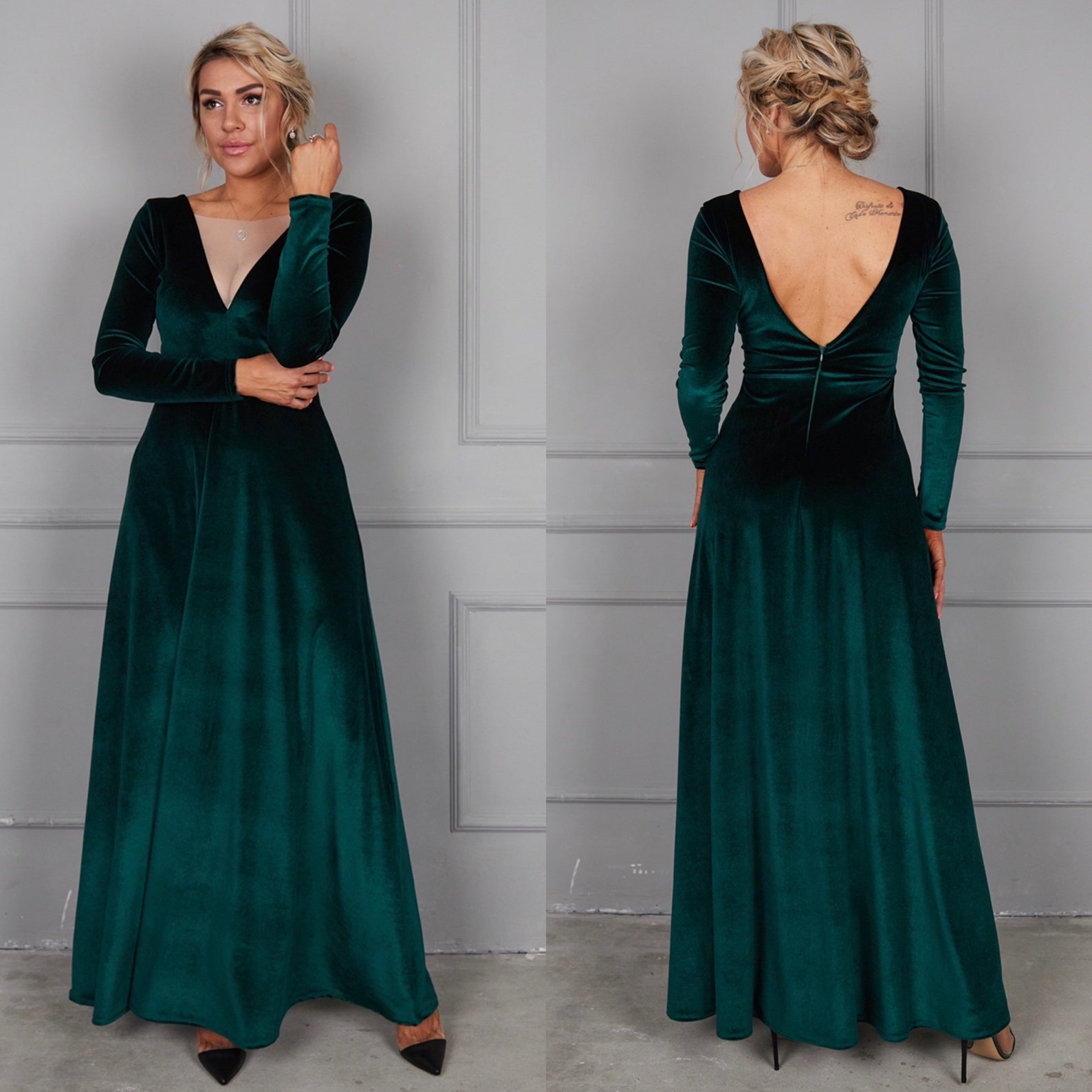 Dark Green Velvet Dress V-neck Velvet Dress Party Maxi - Etsy