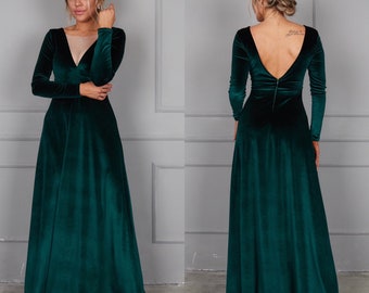 Dark Green Velvet Dress, V-Neck Velvet Dress, Party Maxi Dress, Bridesmaid Deep Back Gown, Velvet Bridesmaid Dress, A-line Velvet Dress