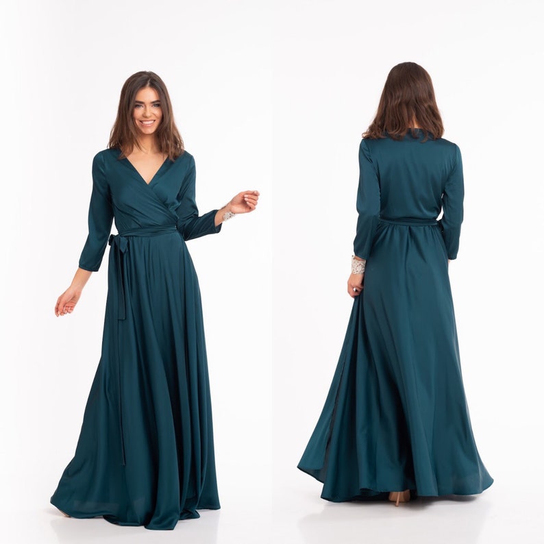 Aquamarine Wrap Dress 3/4 sleeve Long Dress Silk Maxi Dress Dark Green