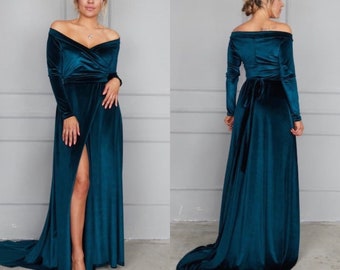 Dark Teal Velvet Dress with Train, off Shoulder Velvet Dress, Velvet Maxi Dress, Bridesmaid Gown with train, Velvet Bridesmaid Dress,