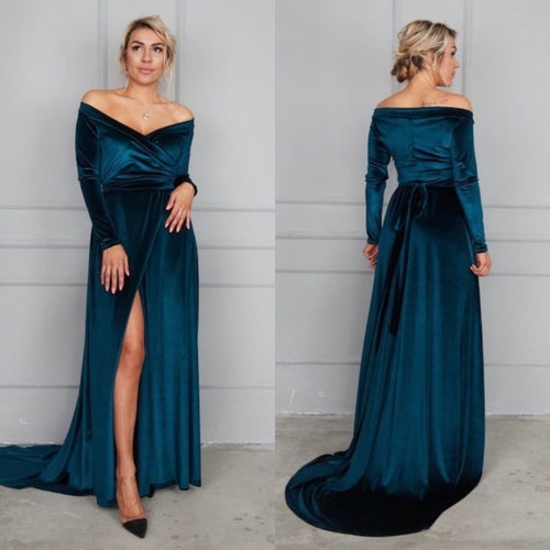 Dark Teal Velvet Dress with Train, off Shoulder Velvet Dress, Velvet Maxi Dress, Bridesmaid Gown with train, Velvet Bridesmaid Dress,