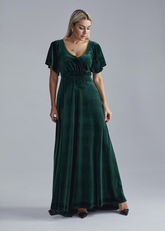Emerald Green Velvet Dress With Train 