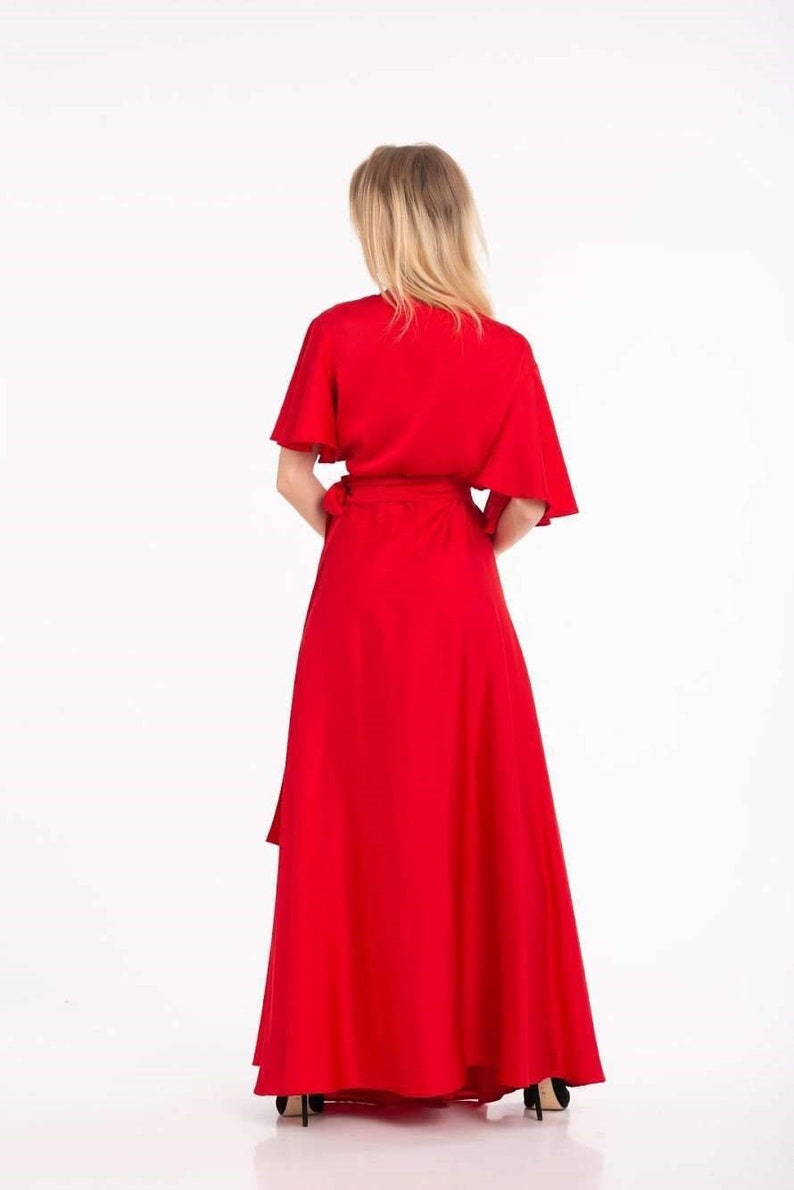 Champagne Wrap Dress Flutter Sleeve Long Dress Silk Maxi Red
