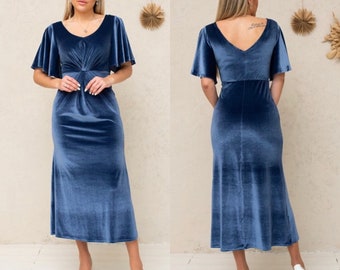 Blue Velvet Dress, Flutter Sleeve Velvet Dress, Velvet Midi Dress, Bridesmaid Velvet Gown, Velvet Midi Dress, Dress with knot