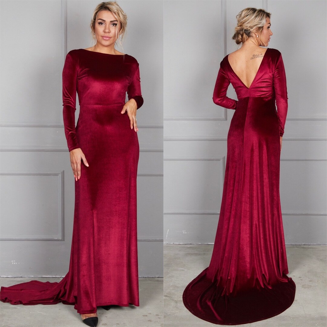 Burgundy Velvet Dress With Train, Deep Back Velvet Dress, Long Sleeve