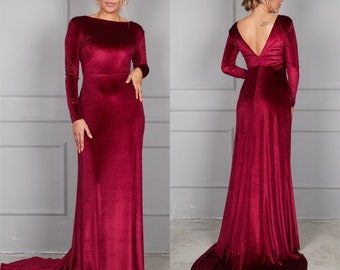 Burgundy Velvet Dress with Train, Deep Back Velvet Dress, Long Sleeve Maxi Dress, Plunging Back Dress, Bridesmaid Deep Back Gown